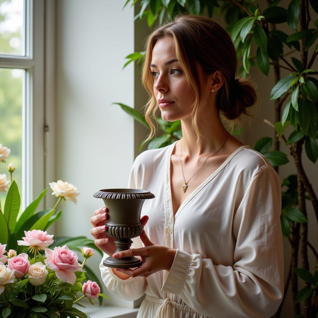 Woman Holding an Urn with Flowers