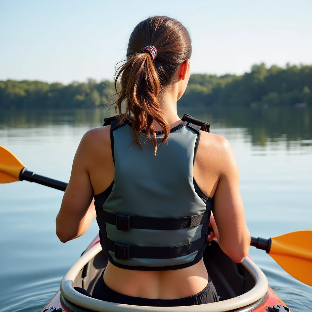 Woman kayaking confidently in a life jacket with breast cups