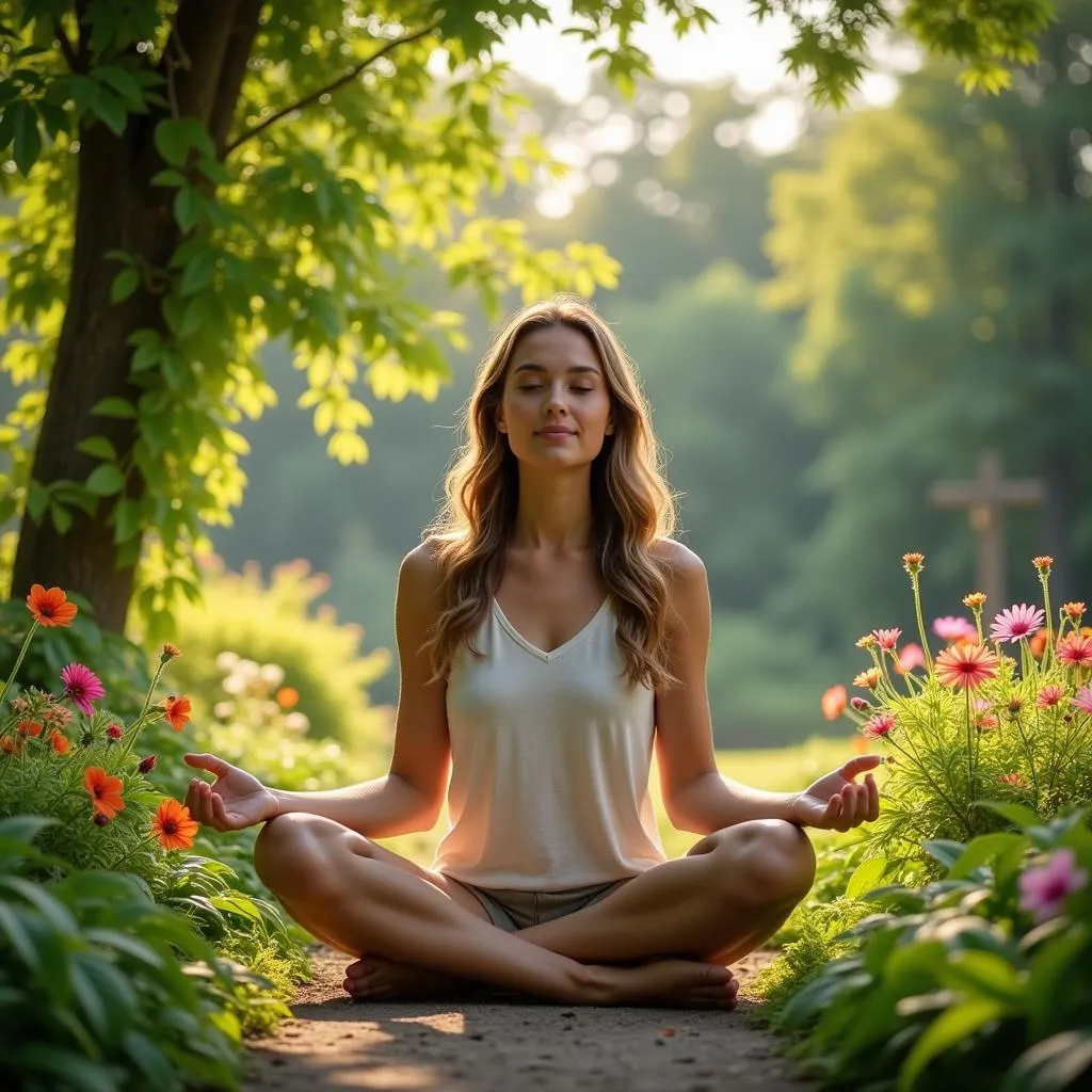 Woman meditating in a serene garden, embracing the energy of angel number 2622 for manifestation