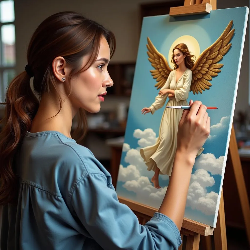 Woman Painting Angel with Focused Expression