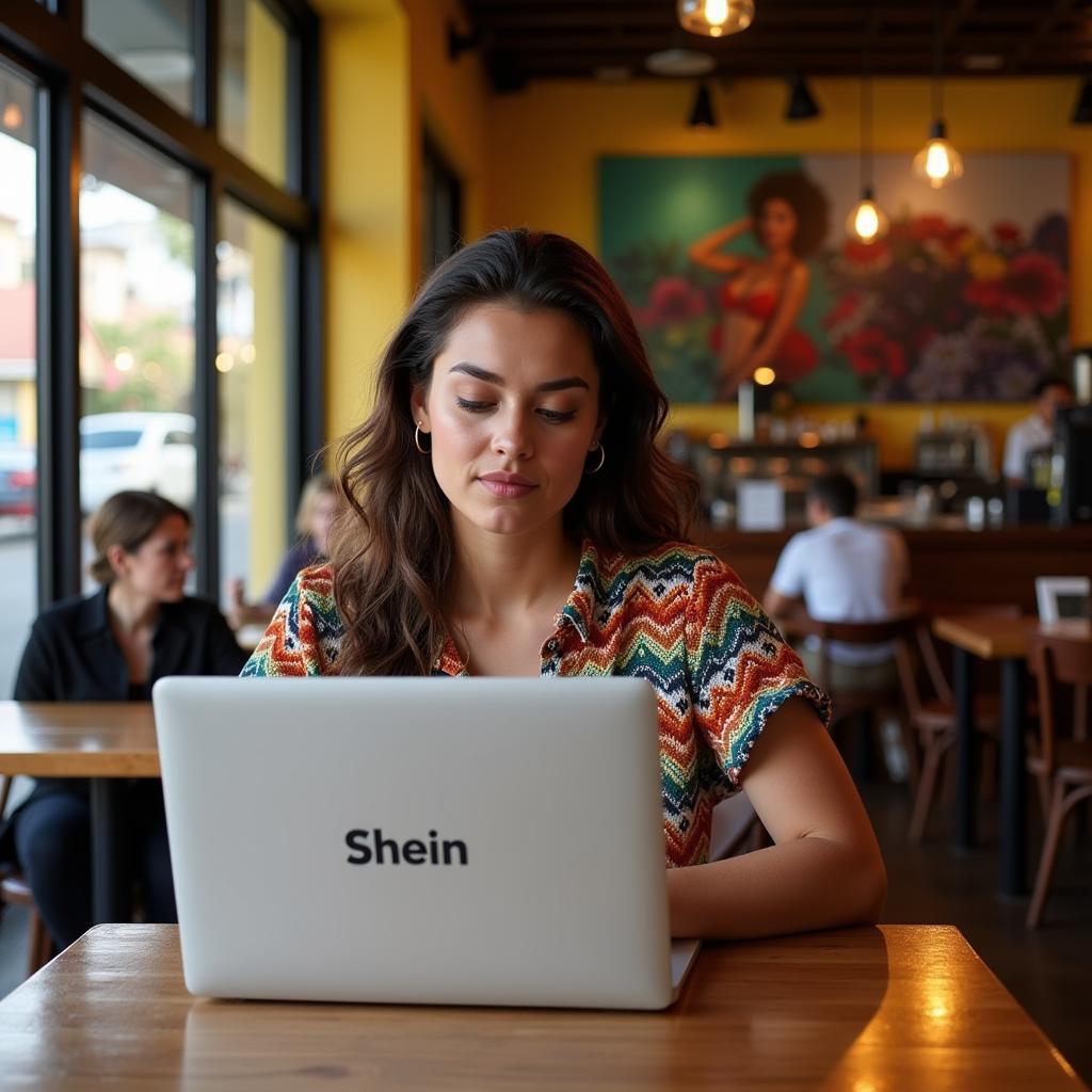 A young woman browsing the Shein website on her laptop in Cuba.