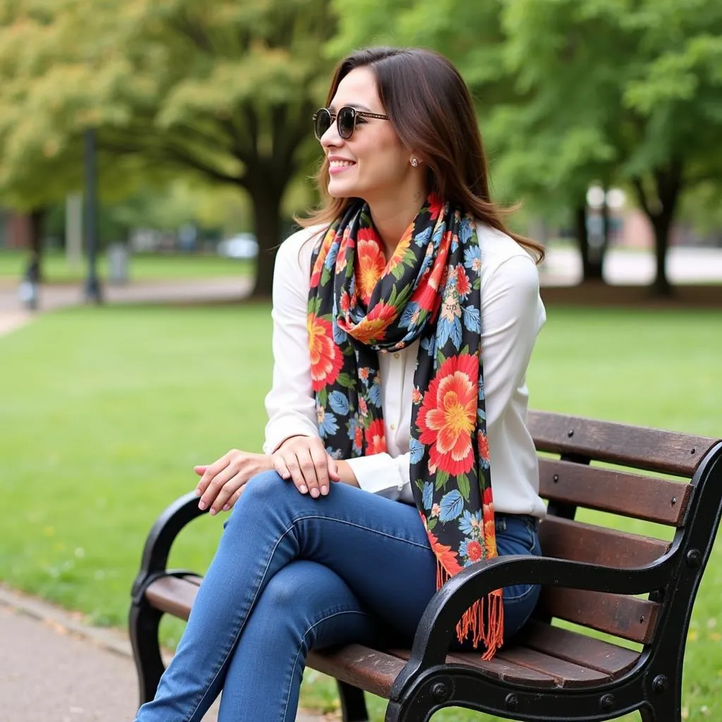 Woman sitting on a bench wearing a floral lap scarf