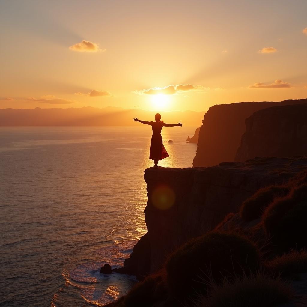 Woman standing at edge of cliff looking out at ocean