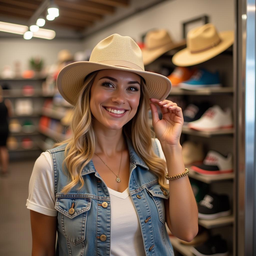 A woman trying on a Florida heritage apparel hat in a store.