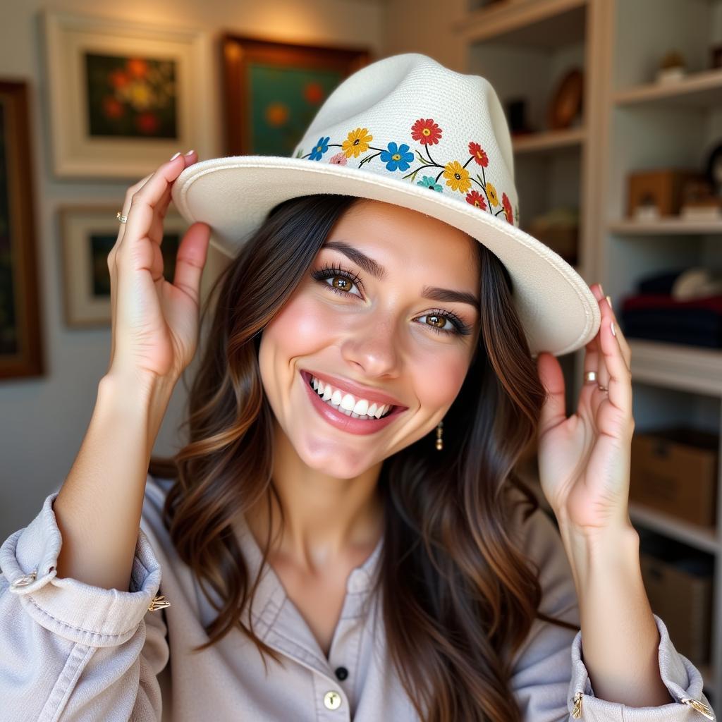 Woman trying on a hand-painted fedora in a boutique