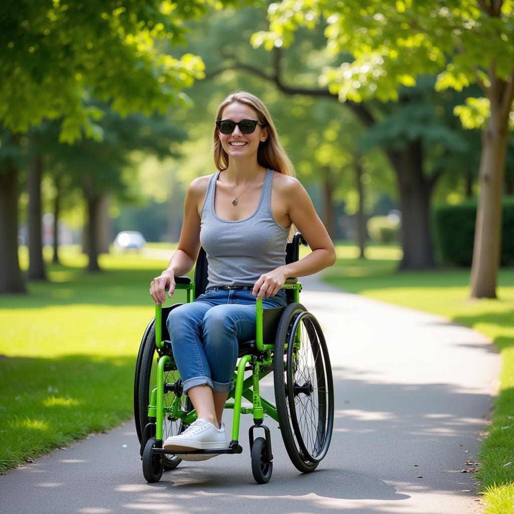 Woman Using a Green Wheelchair in the Park