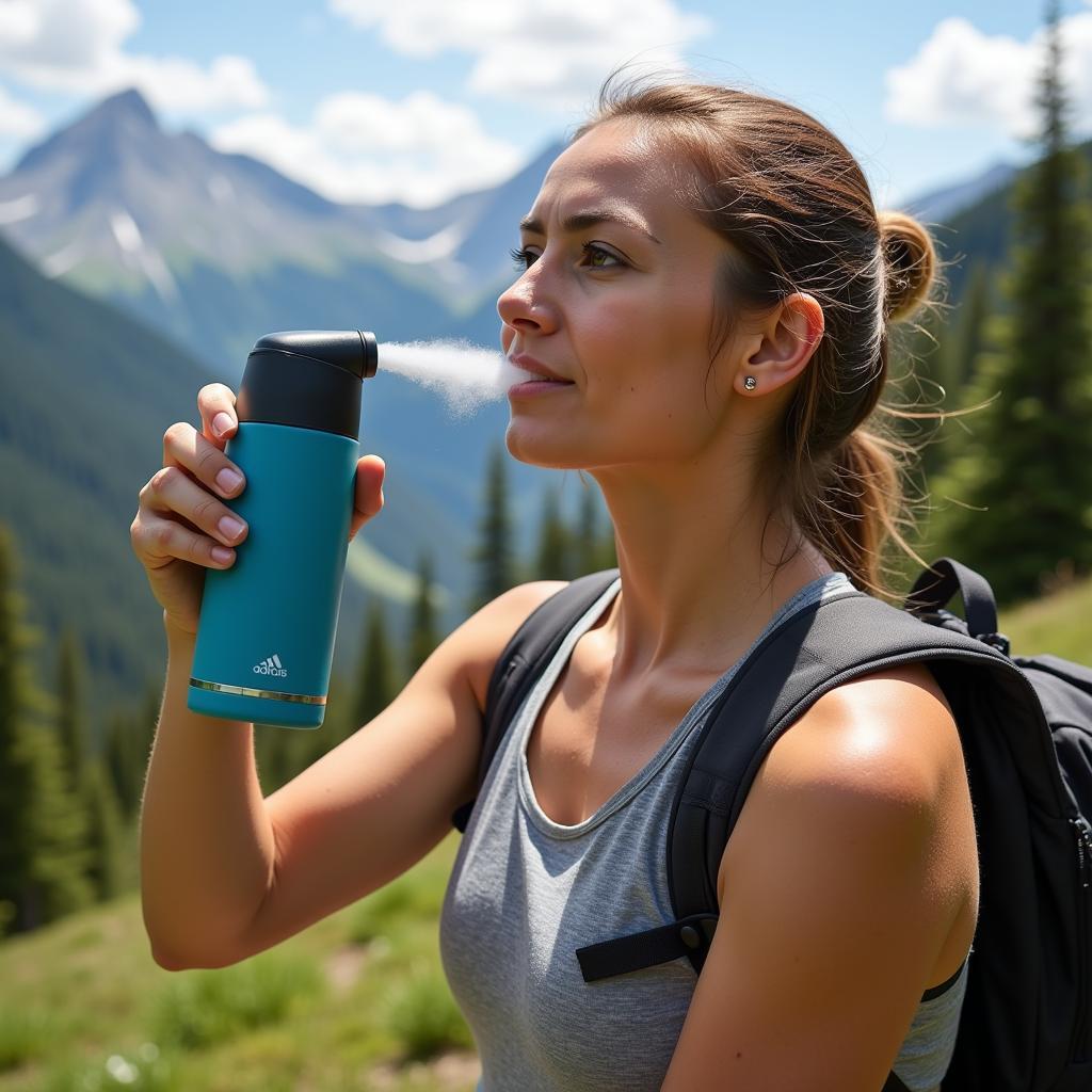 A woman using a personal misting bottle while hiking on a sunny trail.