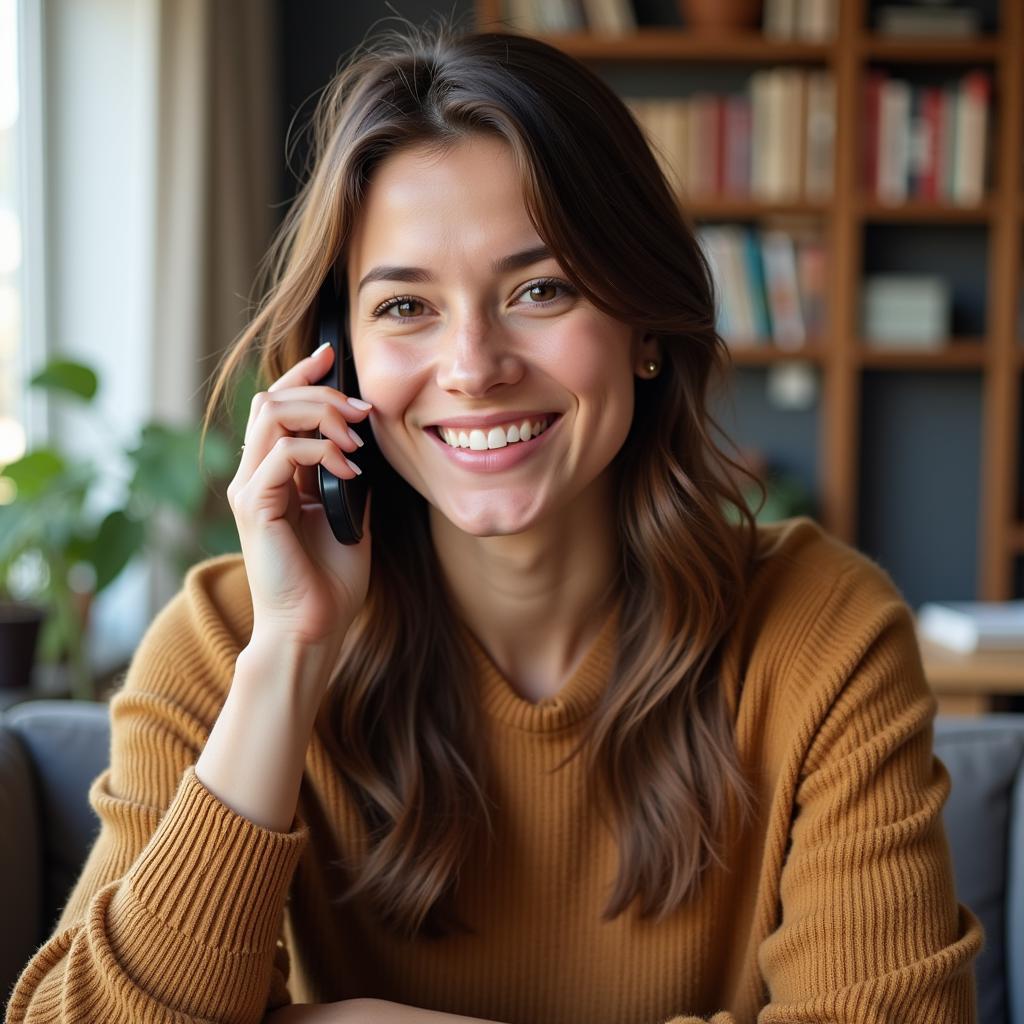 A young woman smiles while talking on her phone, appearing relaxed and engaged in conversation.