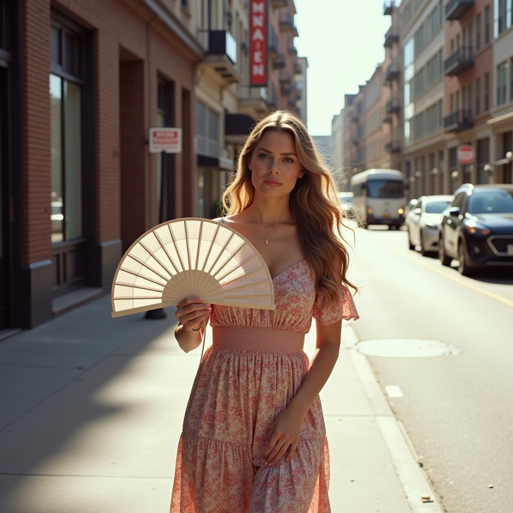 Stylish Woman Using a Round Foldable Fan