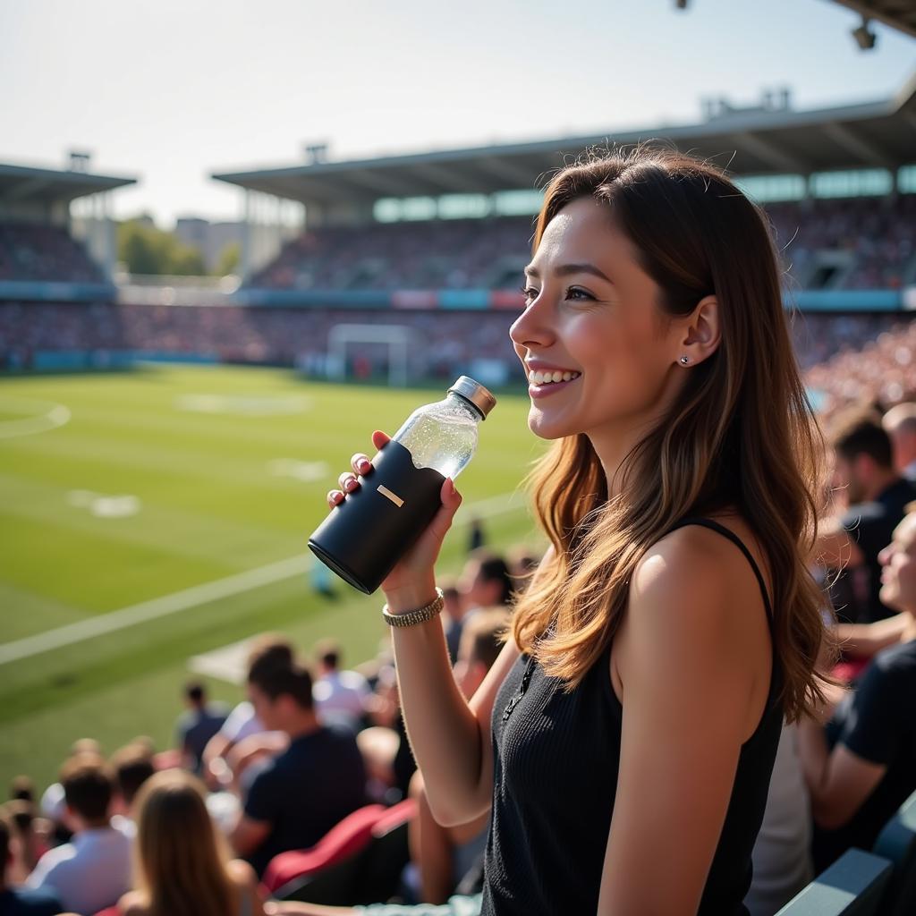 Woman using water bottle wallet at a football game