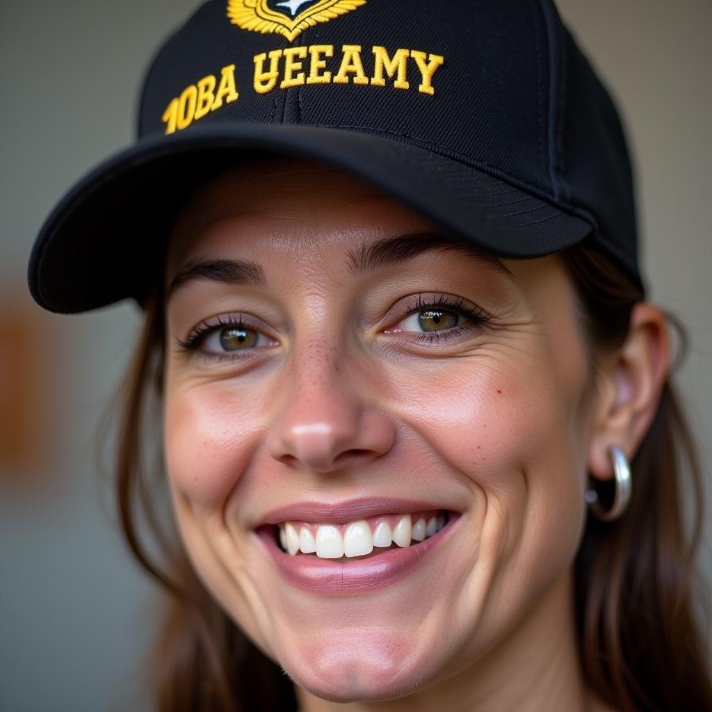 A woman veteran proudly wearing a hat with her branch insignia