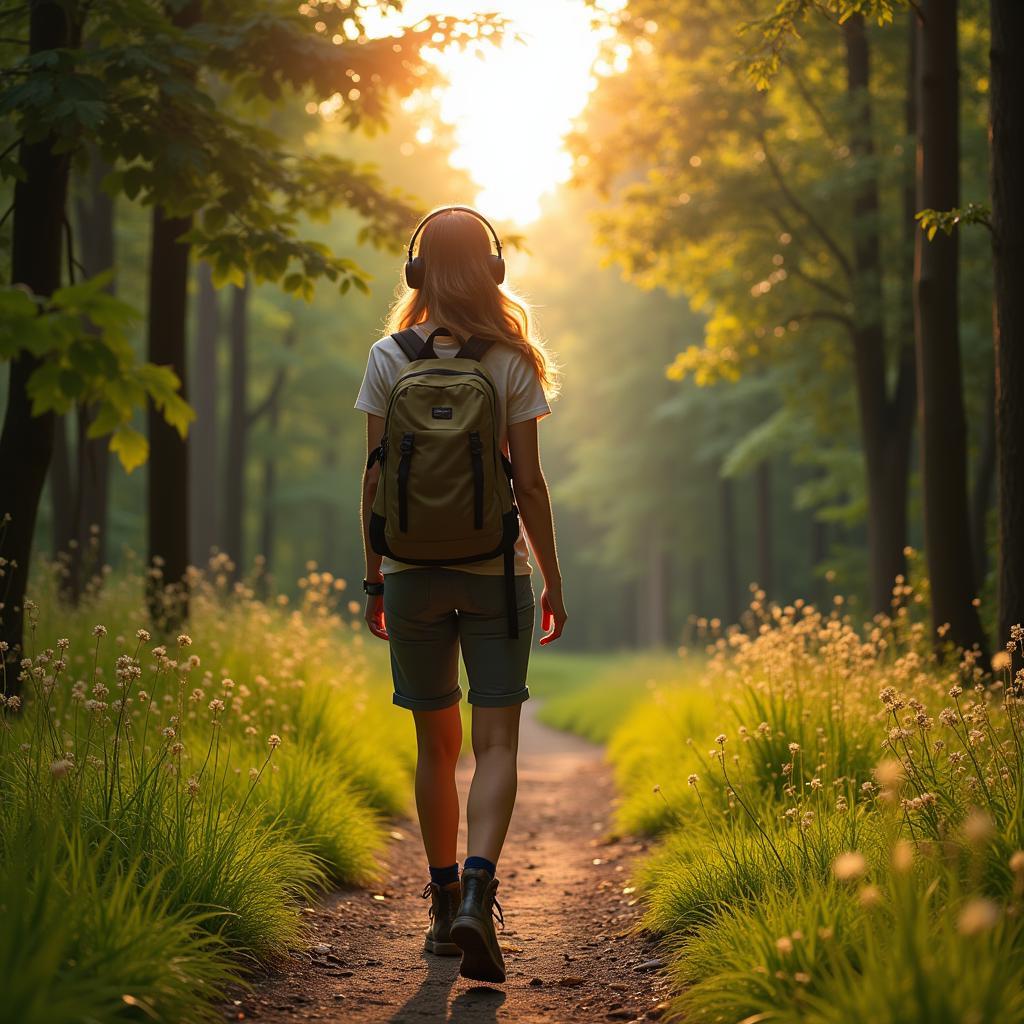 Woman walking through forest listening to music