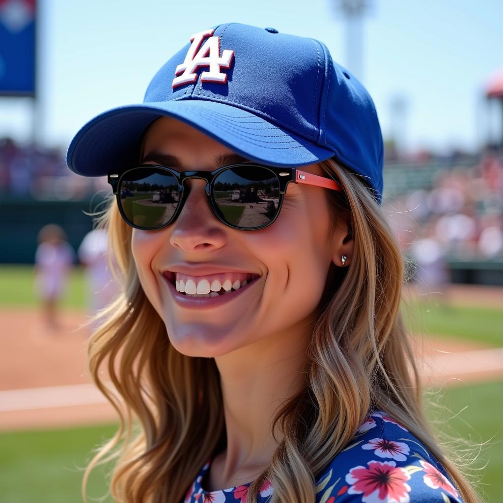 Woman Wearing a Floral Dodger Hat at a Baseball Game