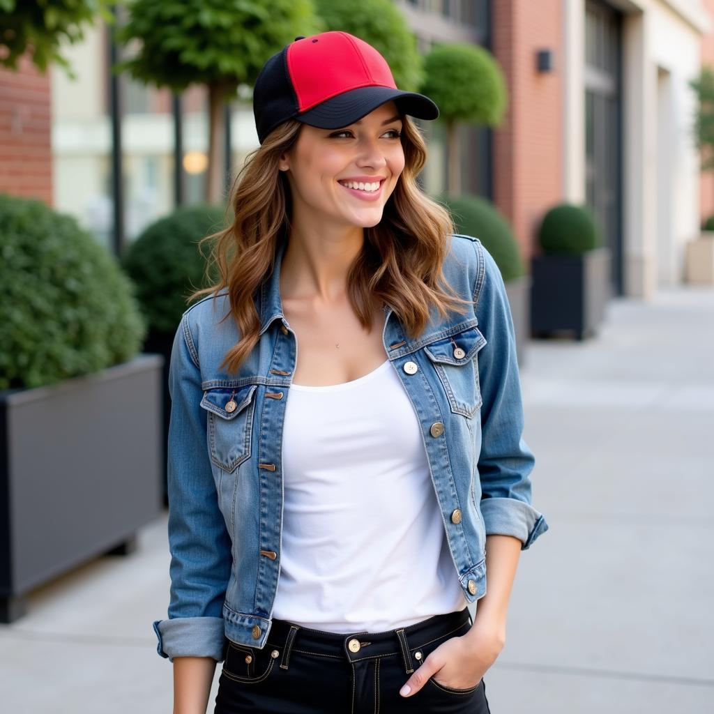 Woman Sporting a Red and Black Baseball Hat with a Casual Outfit