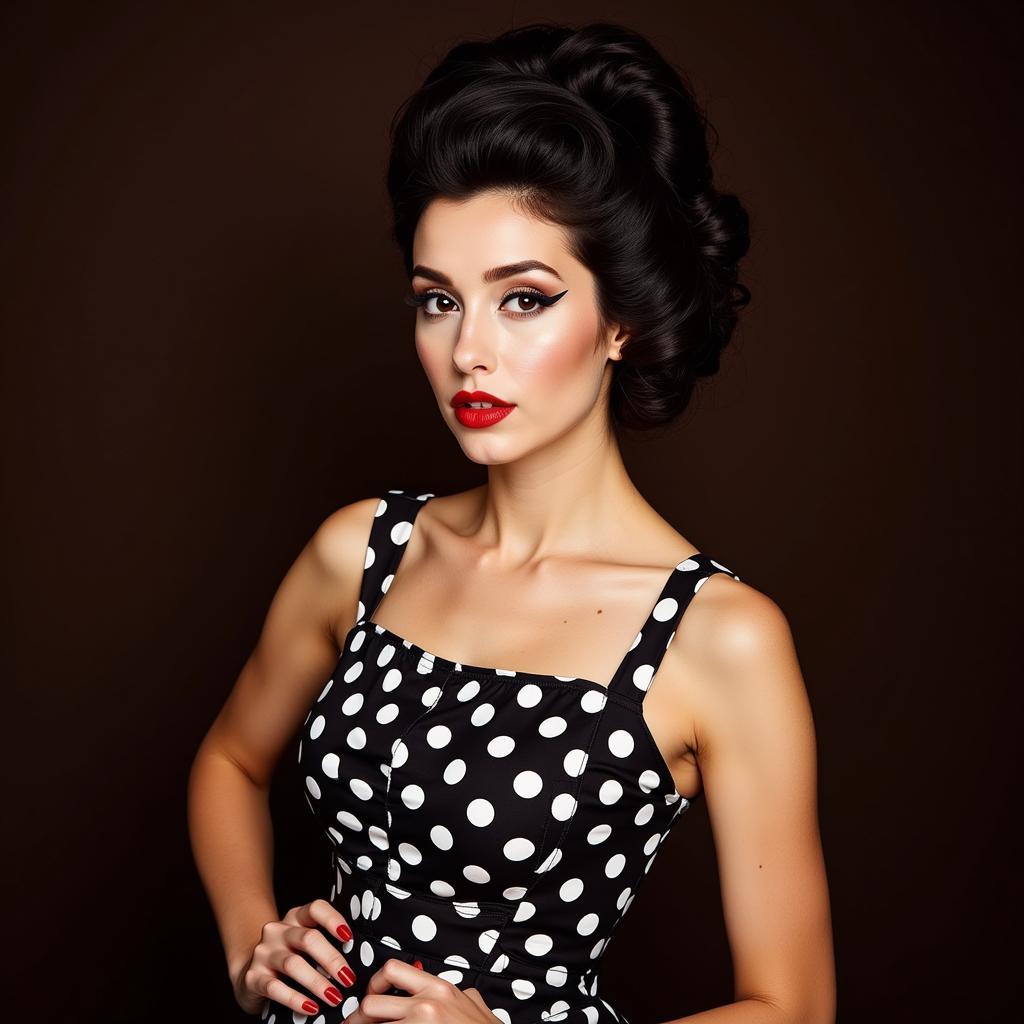 Woman wearing a vintage dress and winged eyeliner, reminiscent of Amy Winehouse