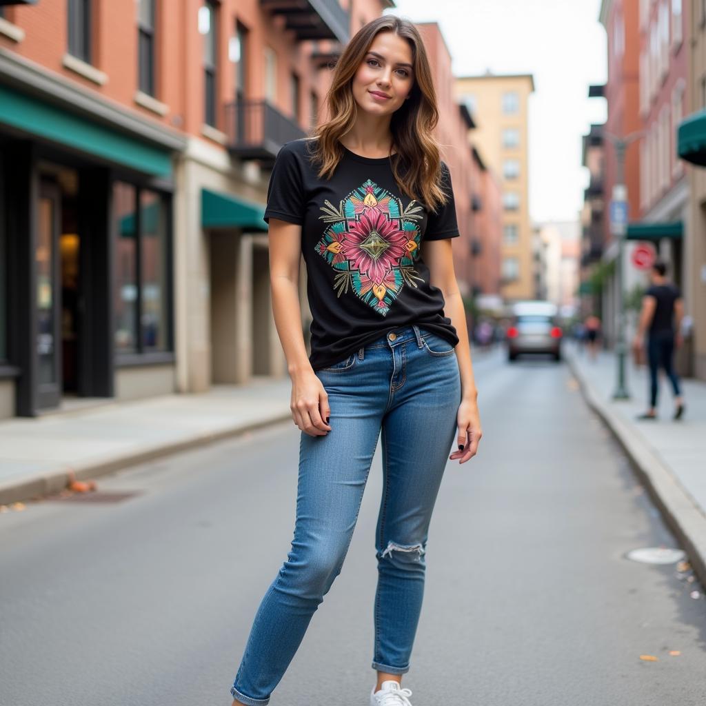 Woman wearing an Aztec t-shirt paired with jeans