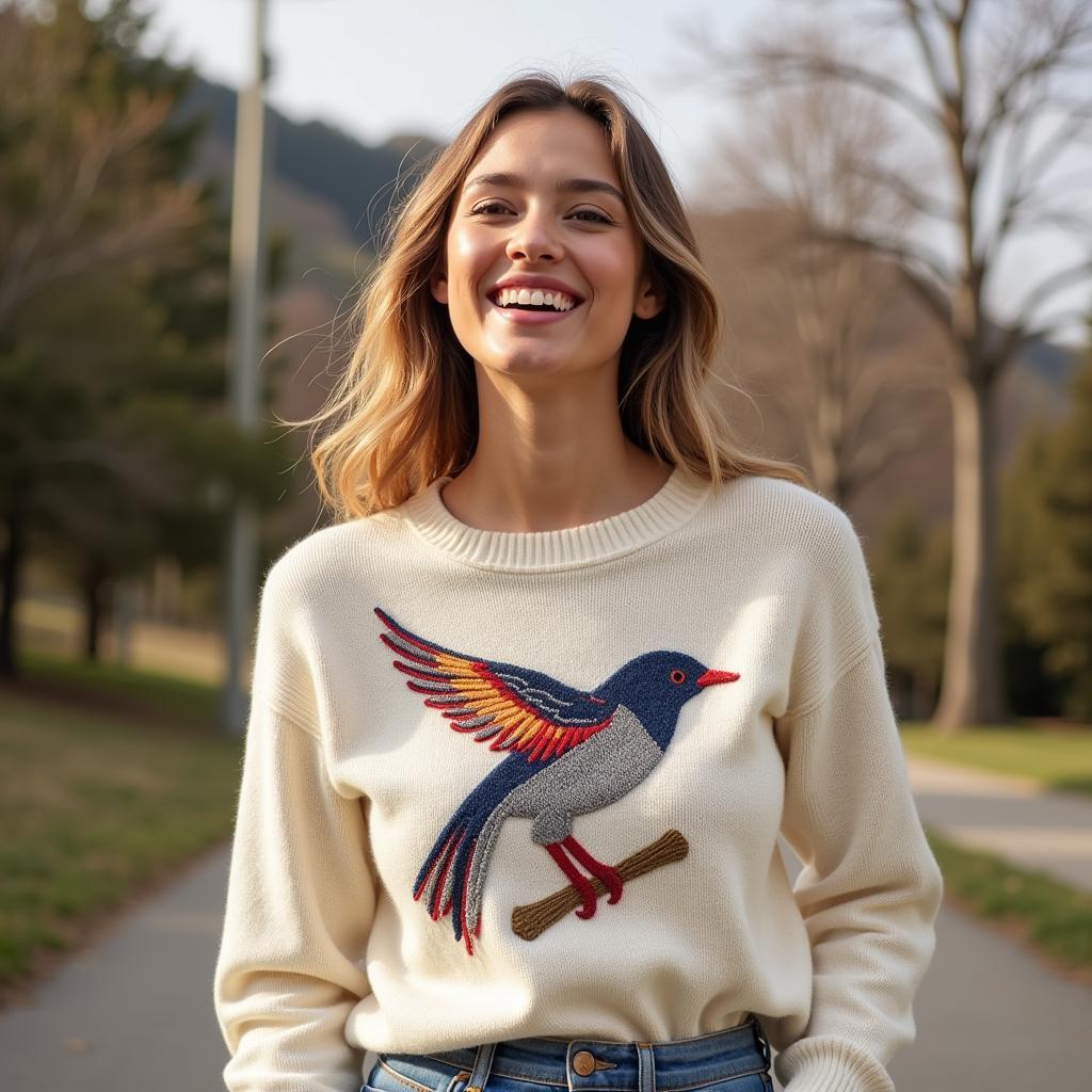 A woman smiling while wearing a sweater with an embroidered bird design