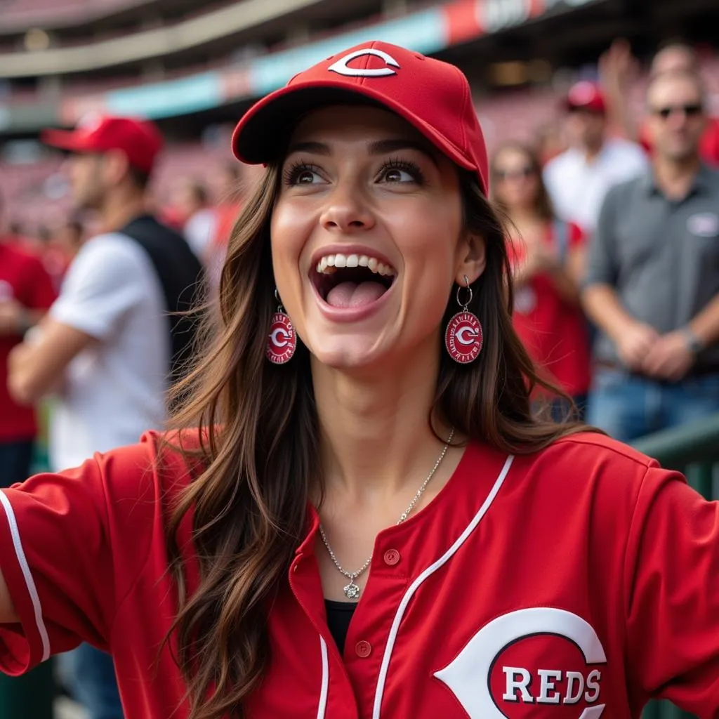 Woman Sporting Cincinnati Reds Earrings at a Baseball Game