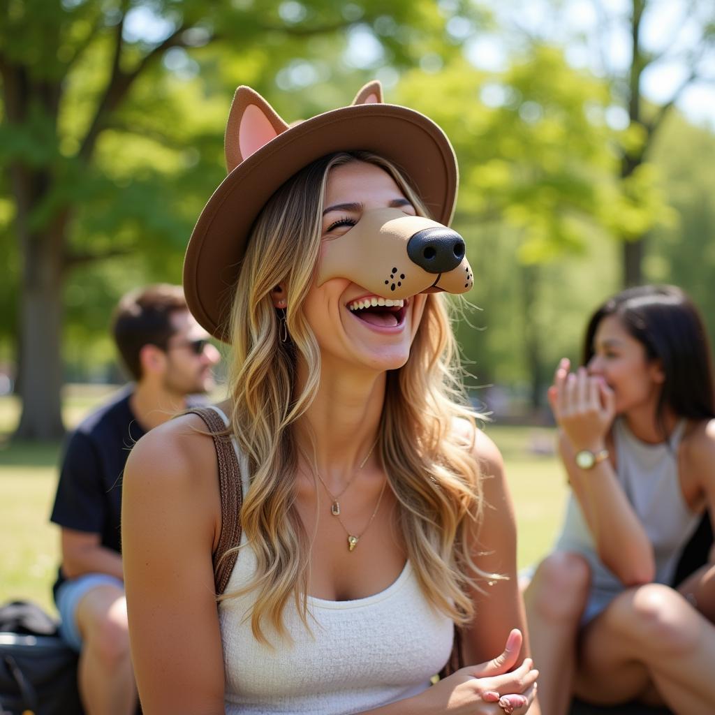 A woman laughs while wearing a dog nose mask at a park