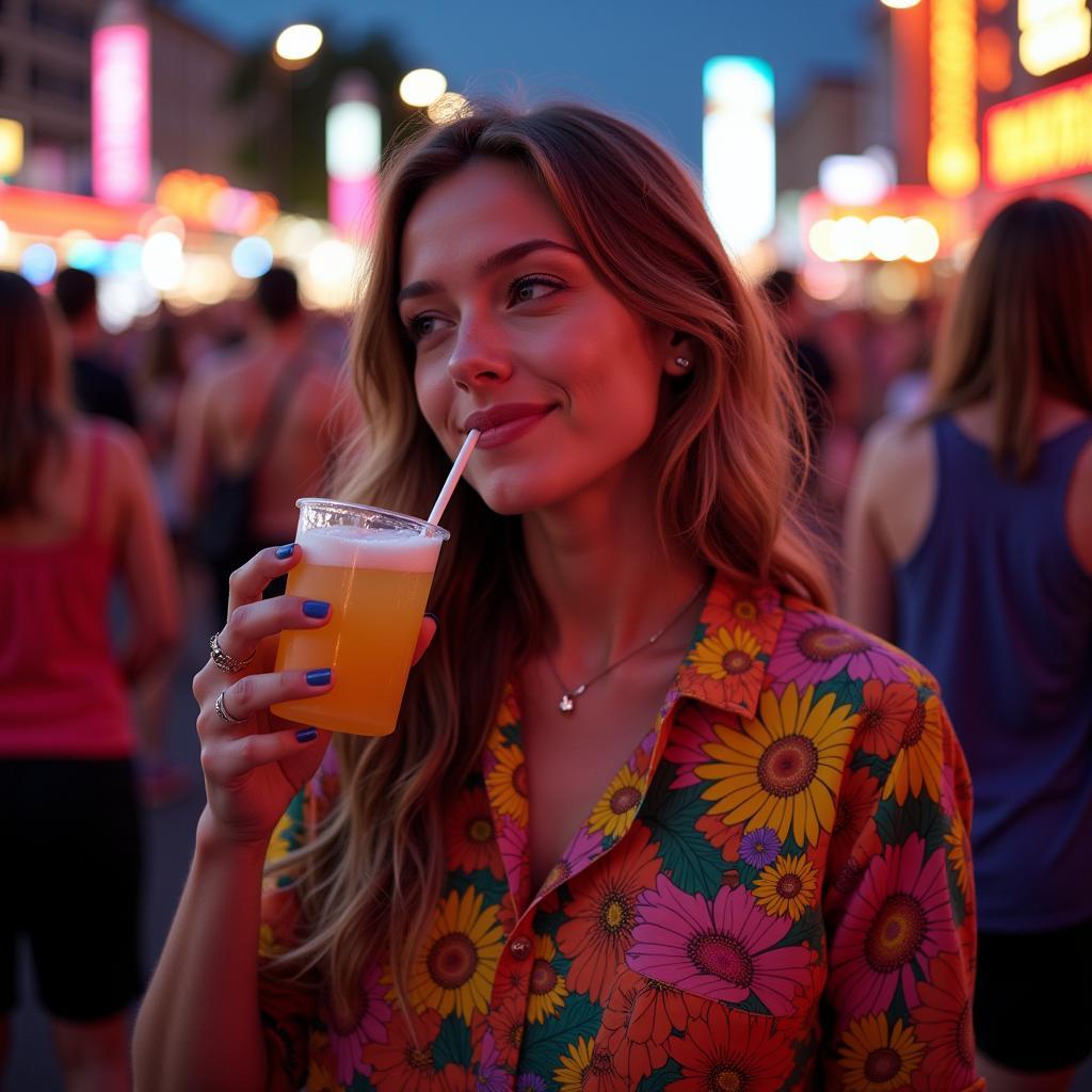 Enjoying a Beverage with a Drinking Shirt at a Music Festival