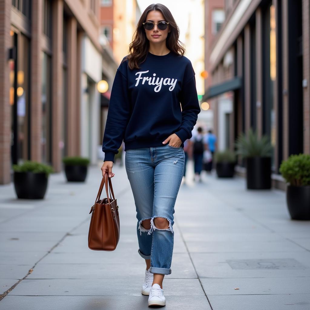 Woman wearing a Friyay sweatshirt with jeans and sneakers.