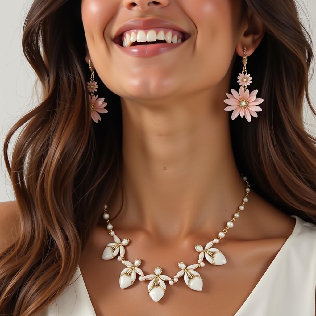 Smiling Woman Wearing a Shell Necklace and Flower Earrings