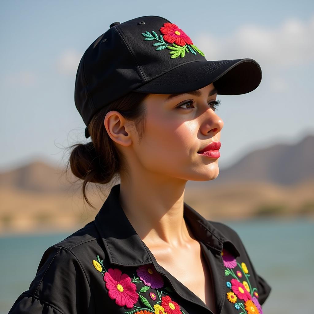 Woman wearing a Jalisco baseball cap with floral embroidery