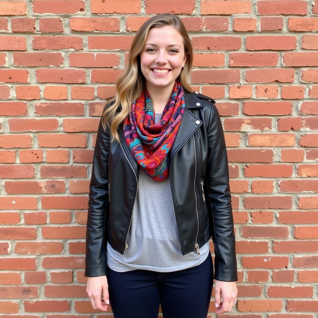 Woman Wearing a Native Scarf with a Leather Jacket