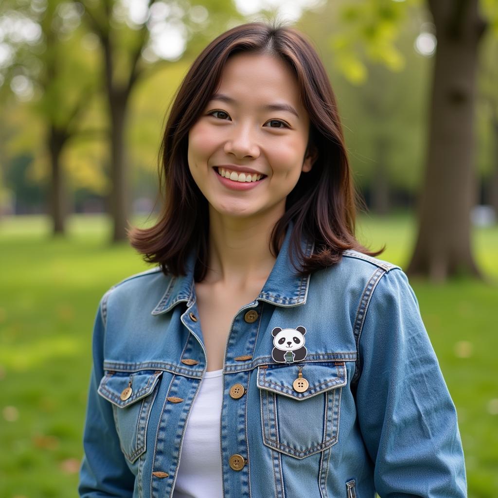 Woman wearing a panda bear pin on her jacket