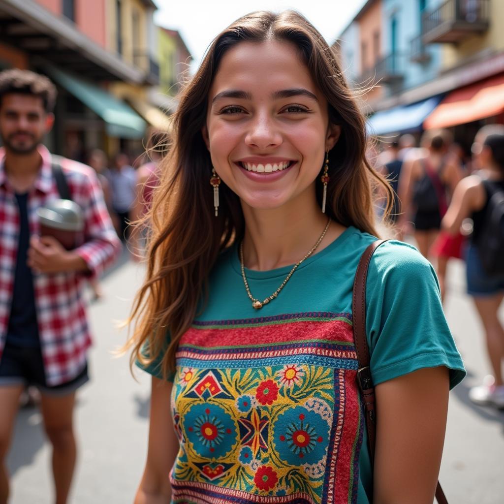 Woman wearing a vibrant Puerto Rican t-shirt while enjoying a festival