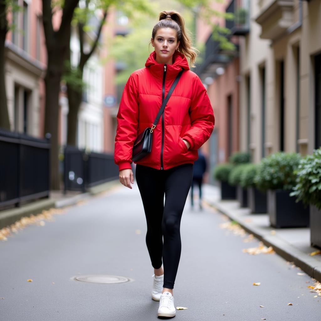 A woman confidently walks down a city street wearing a vibrant red Bronx bubble jacket