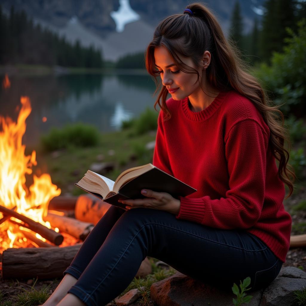 Woman relaxing by a campfire in a red base camp pullover sweater