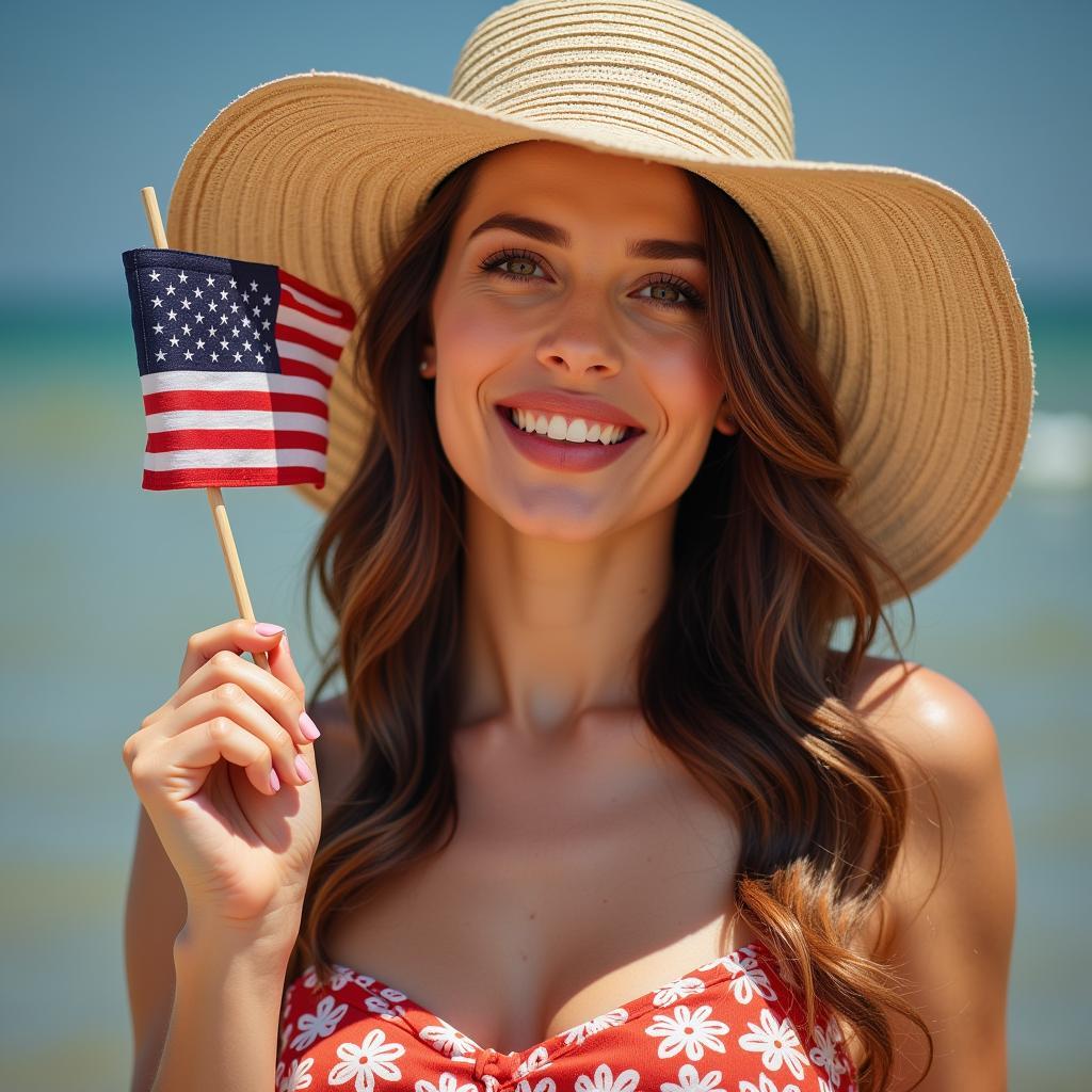 Woman with a retro sun hat holding an American flag