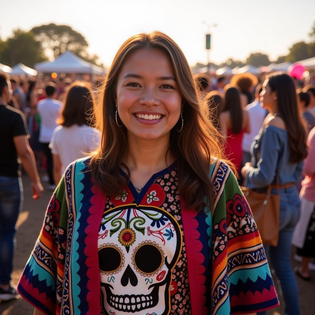 Woman wearing a vibrant sugar skull poncho at a cultural festival