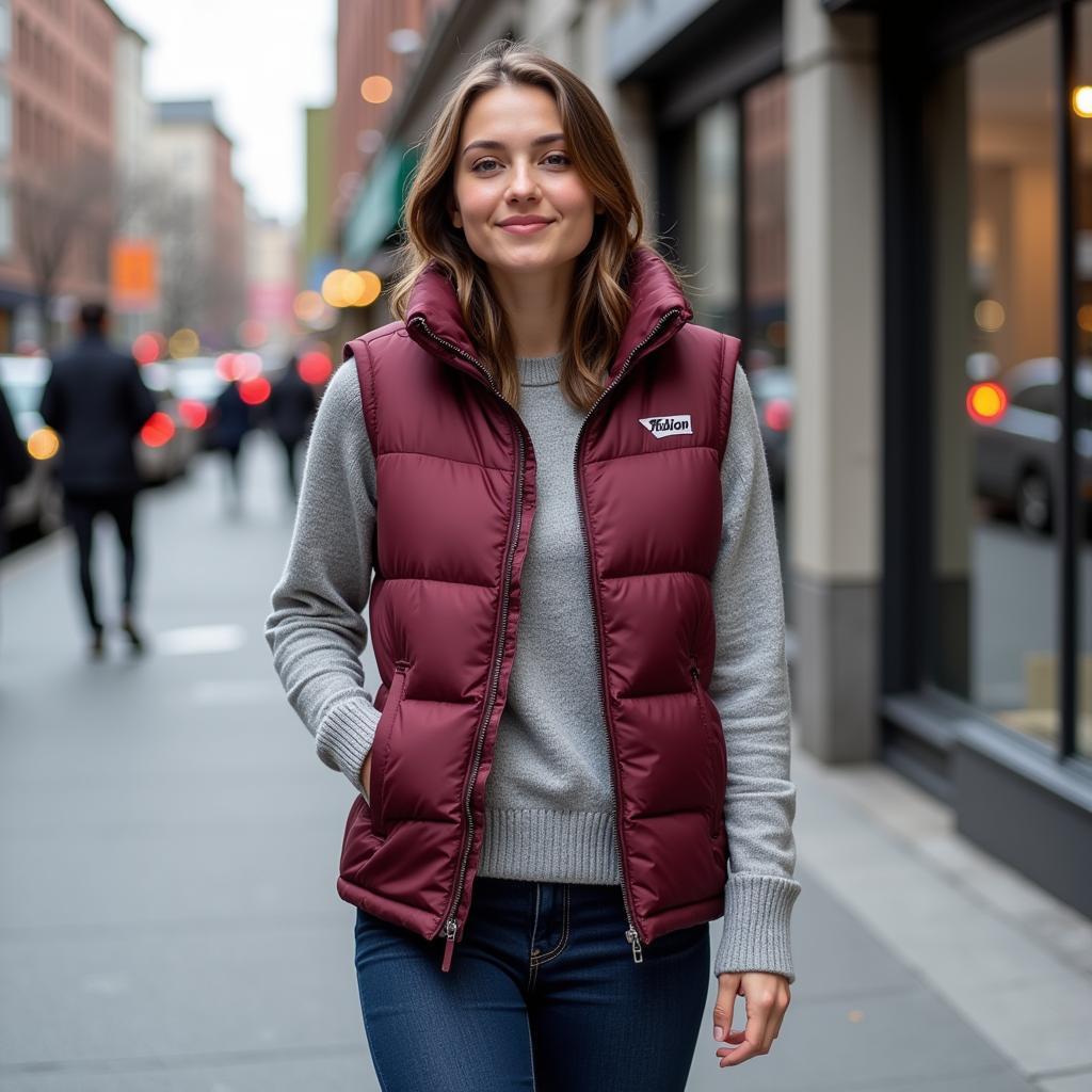 Woman wearing a Taion down vest while exploring the city