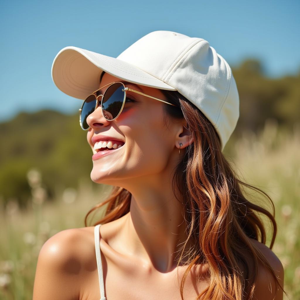 Smiling woman wearing a white linen Italian baseball hat during summer