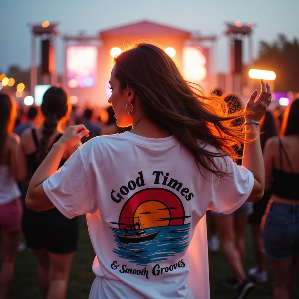 Woman dancing at a concert in a yacht rock shirt