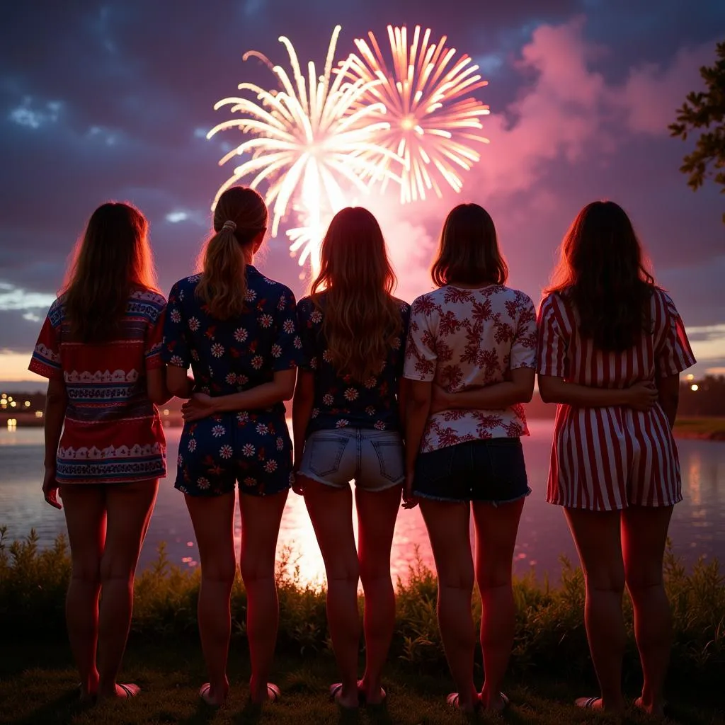 Women Wearing Fourth of July Hawaiian Shirts at a Fireworks Show