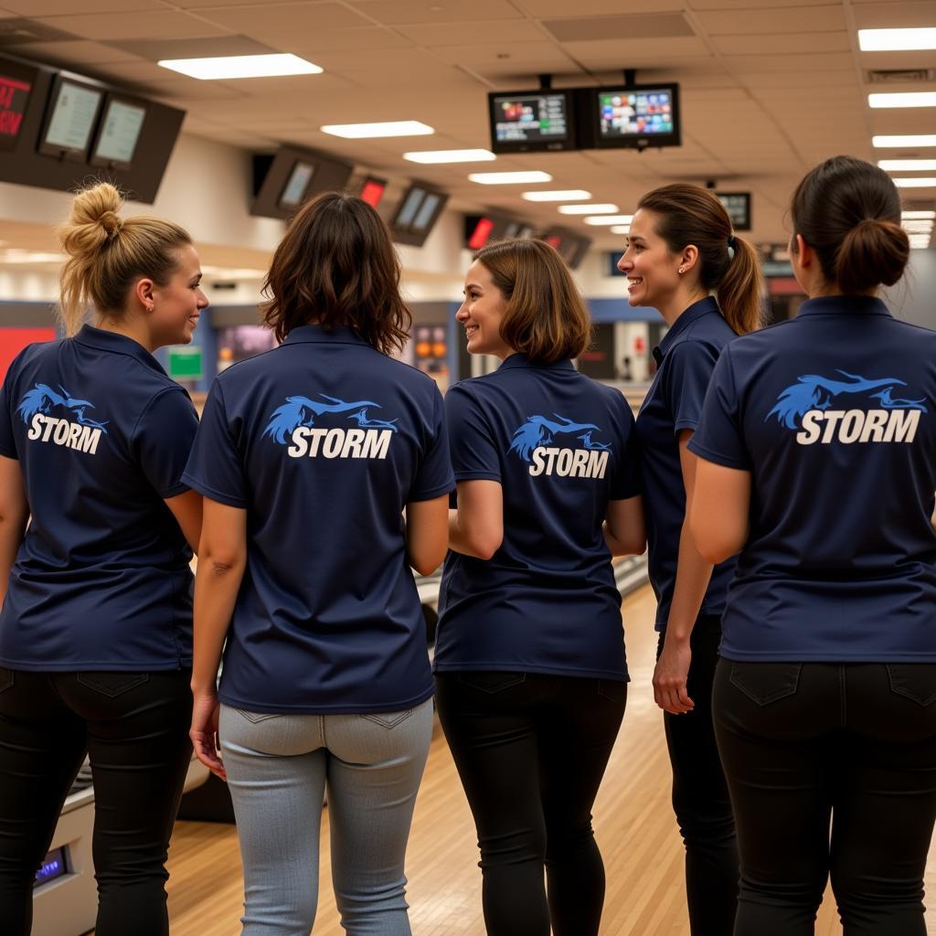 Group of Women Wearing Storm Bowling Shirts at a Bowling Alley