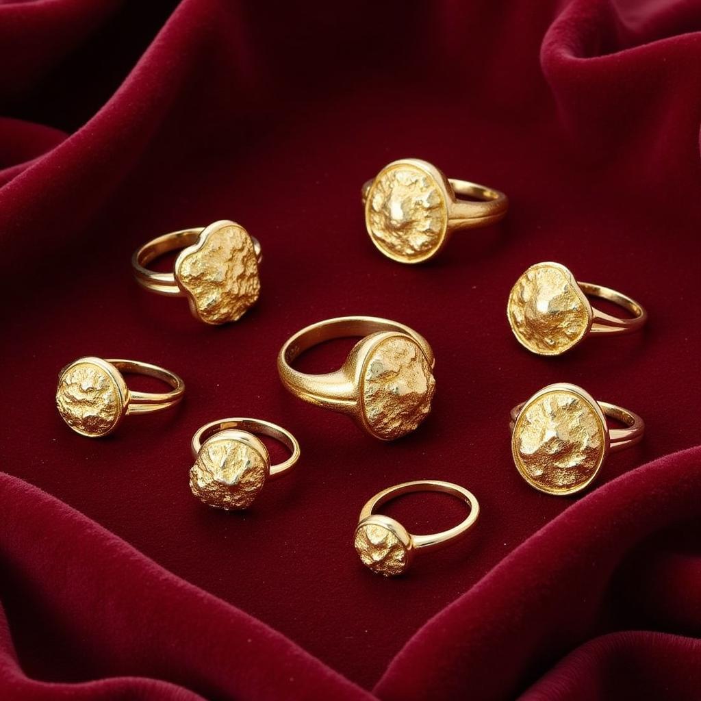 Women's gold nugget rings displayed on a velvet background