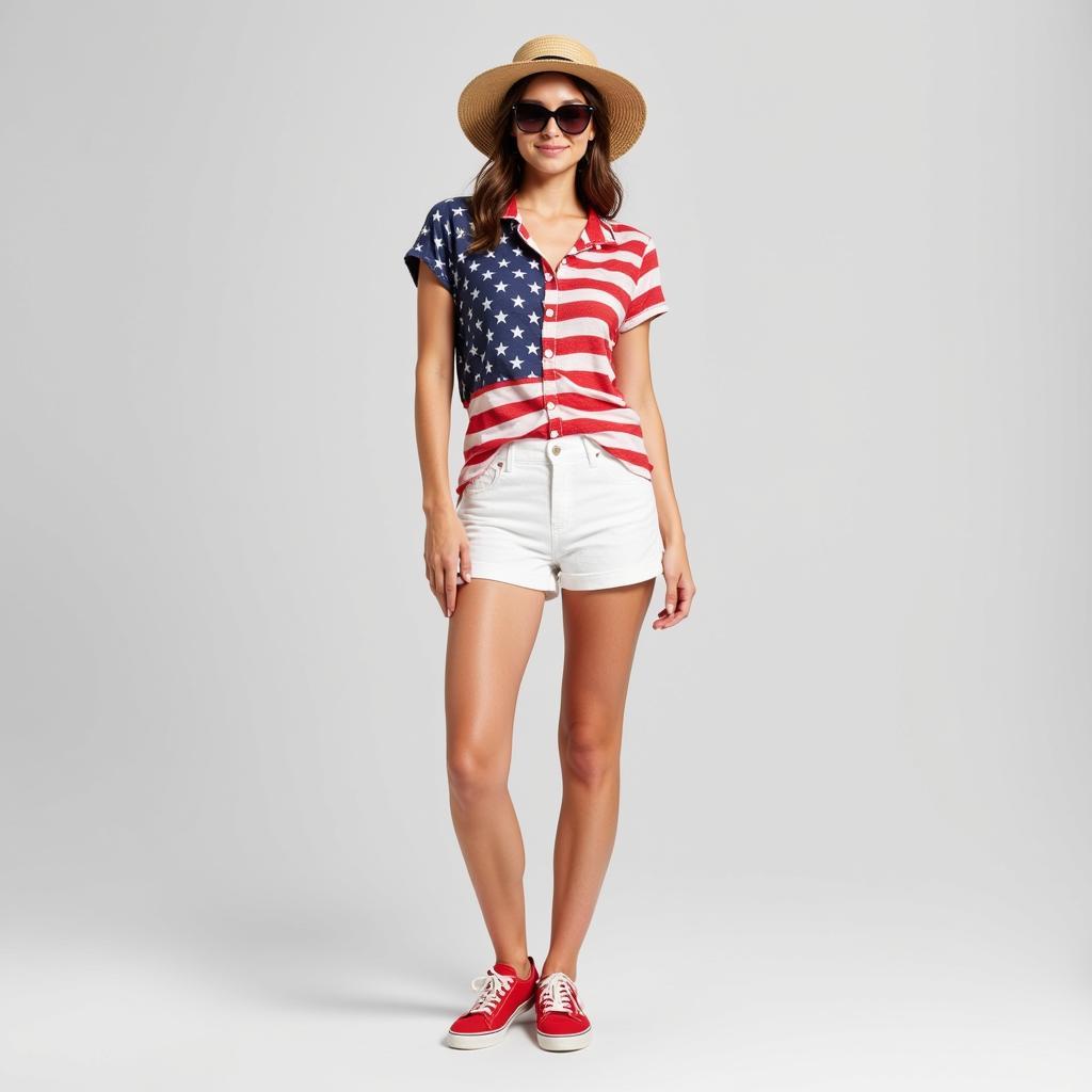 Outfit inspiration featuring a women's patriotic top