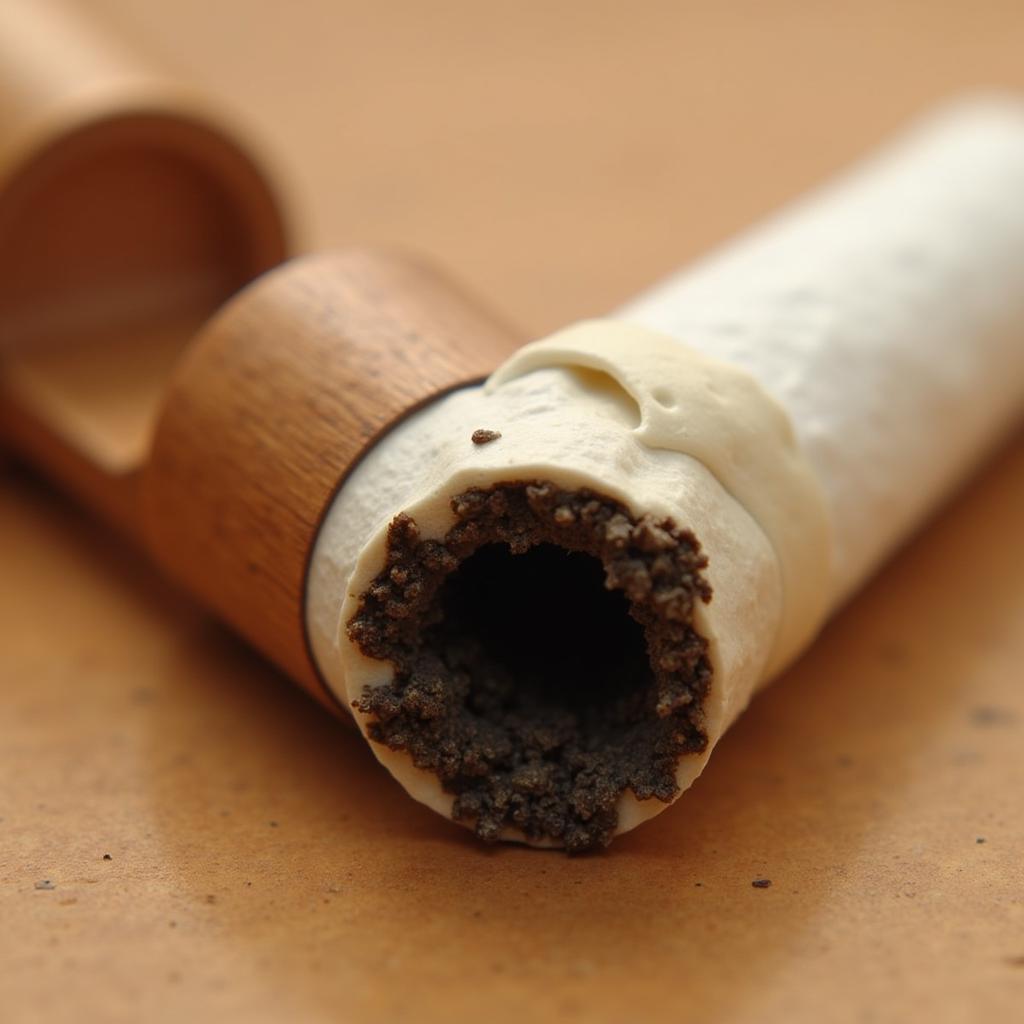 Wooden cigarette holder with visible tar build-up