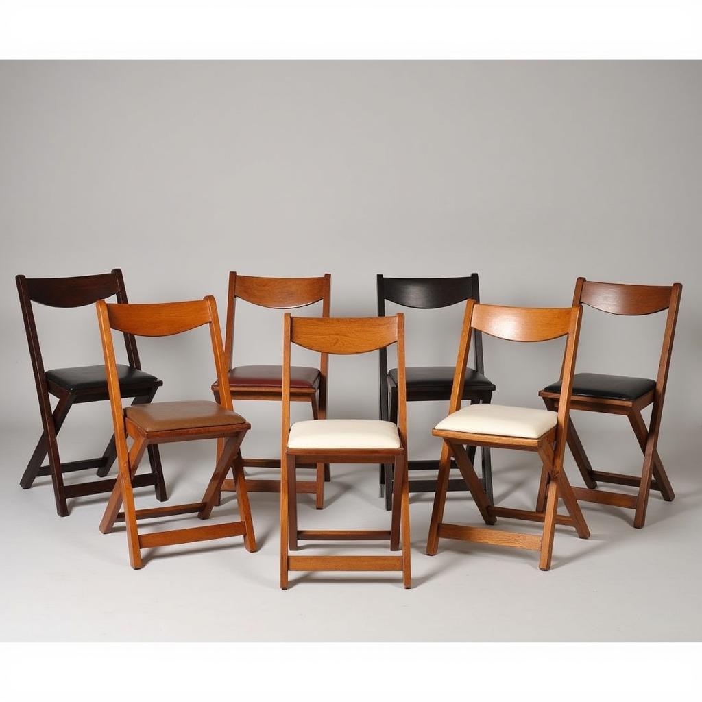 Variety of wooden folding chairs with padded seats