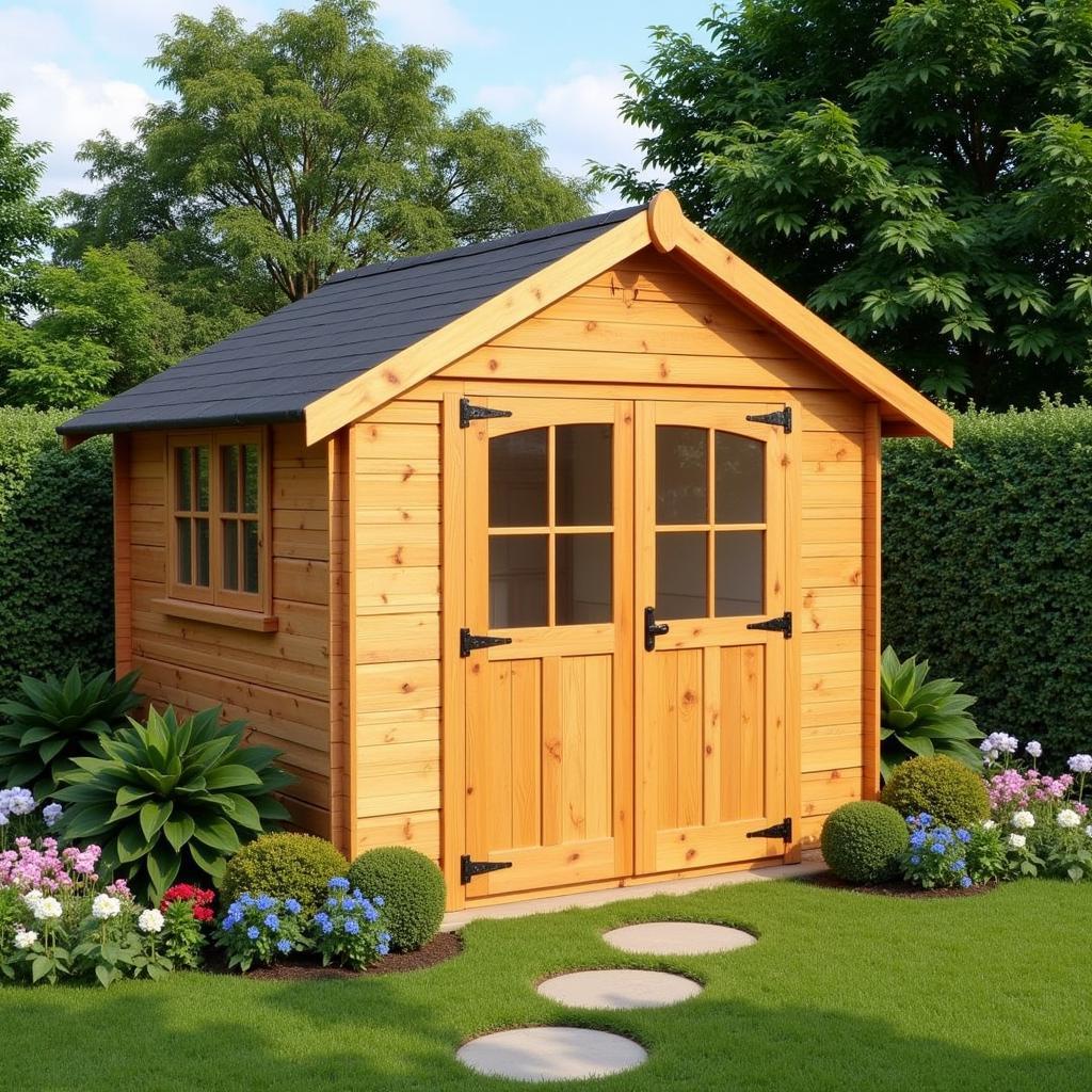 A charming wooden shed nestled in a lush garden, highlighting its natural beauty and timeless appeal.