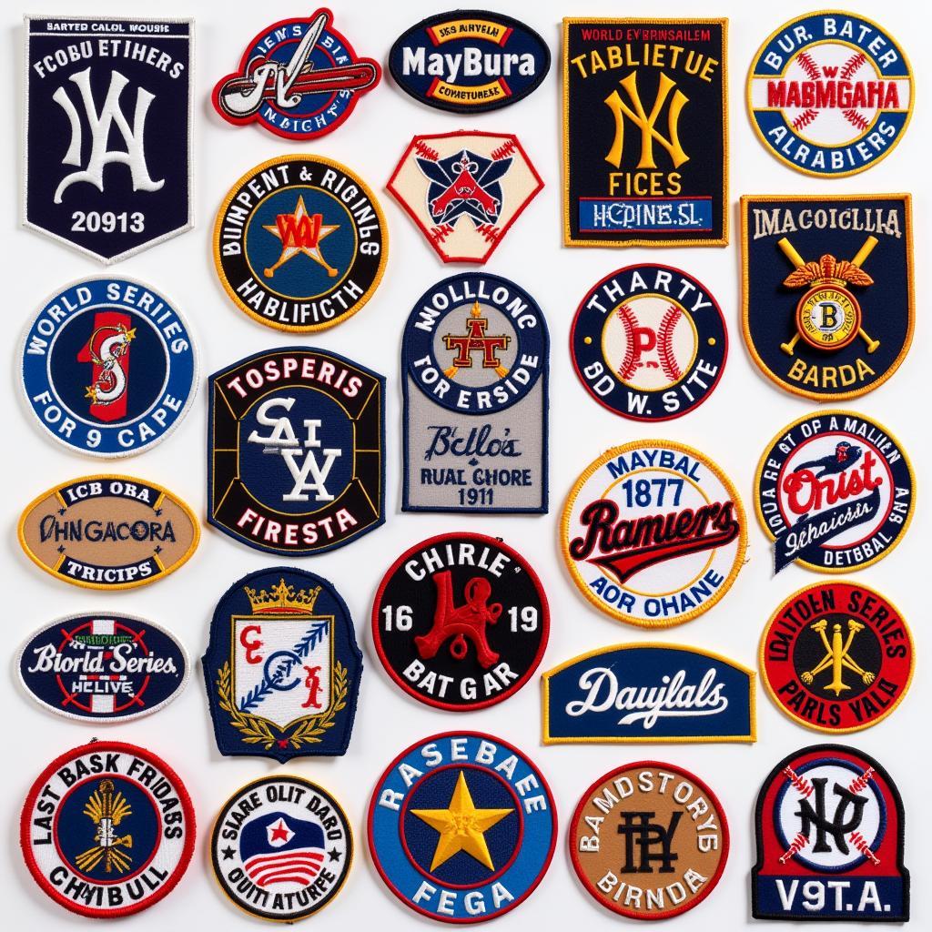 A collection of World Series patches from various years.