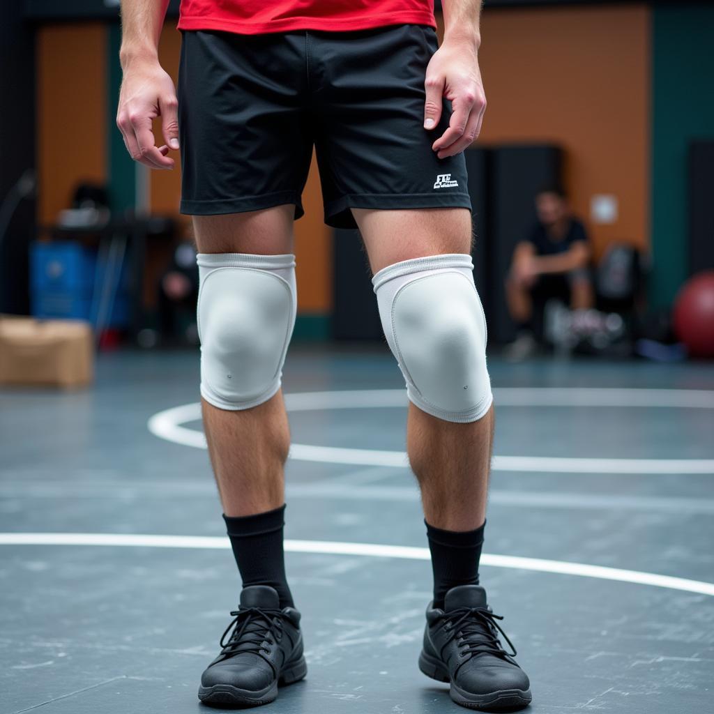 Wrestler wearing white knee pads on the mat