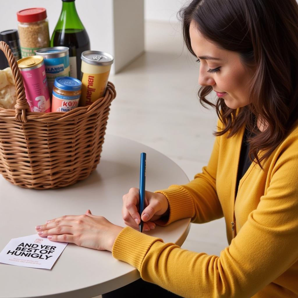 Adding a personalized touch to a "Best of Philly" gift basket with a handwritten note