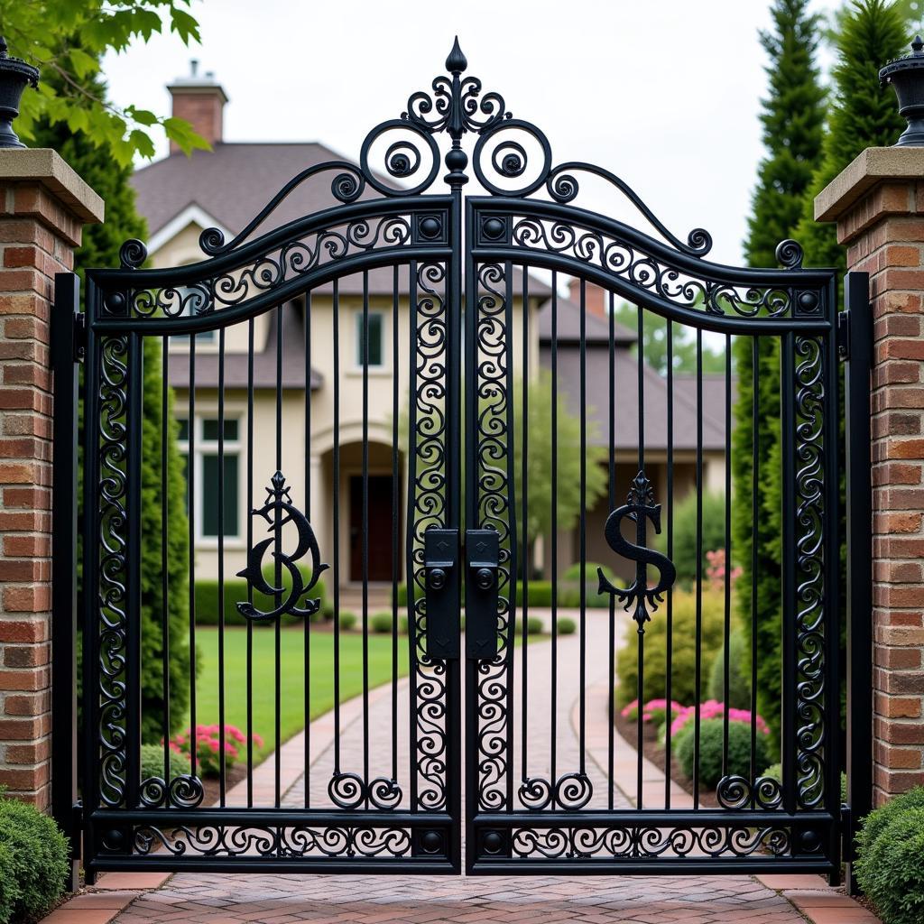 Wrought iron driveway gate featuring ornate design and homeowner's initials