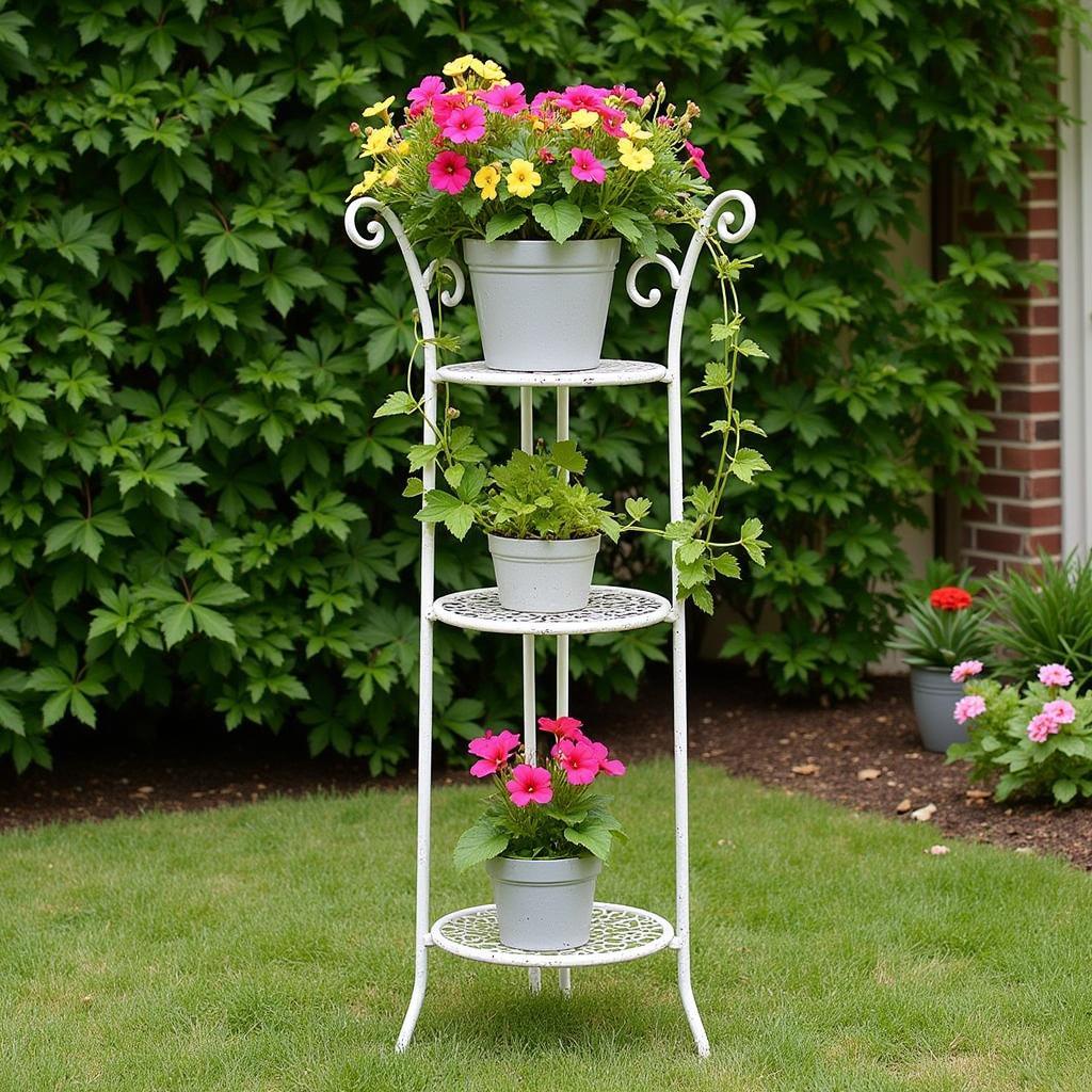 Elegant Wrought Iron French Country Plant Stand in a Garden Setting