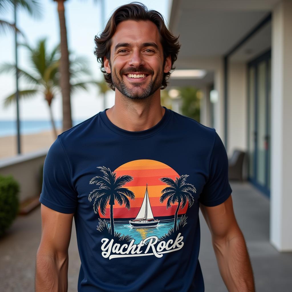 Man wearing a blue yacht rock t-shirt